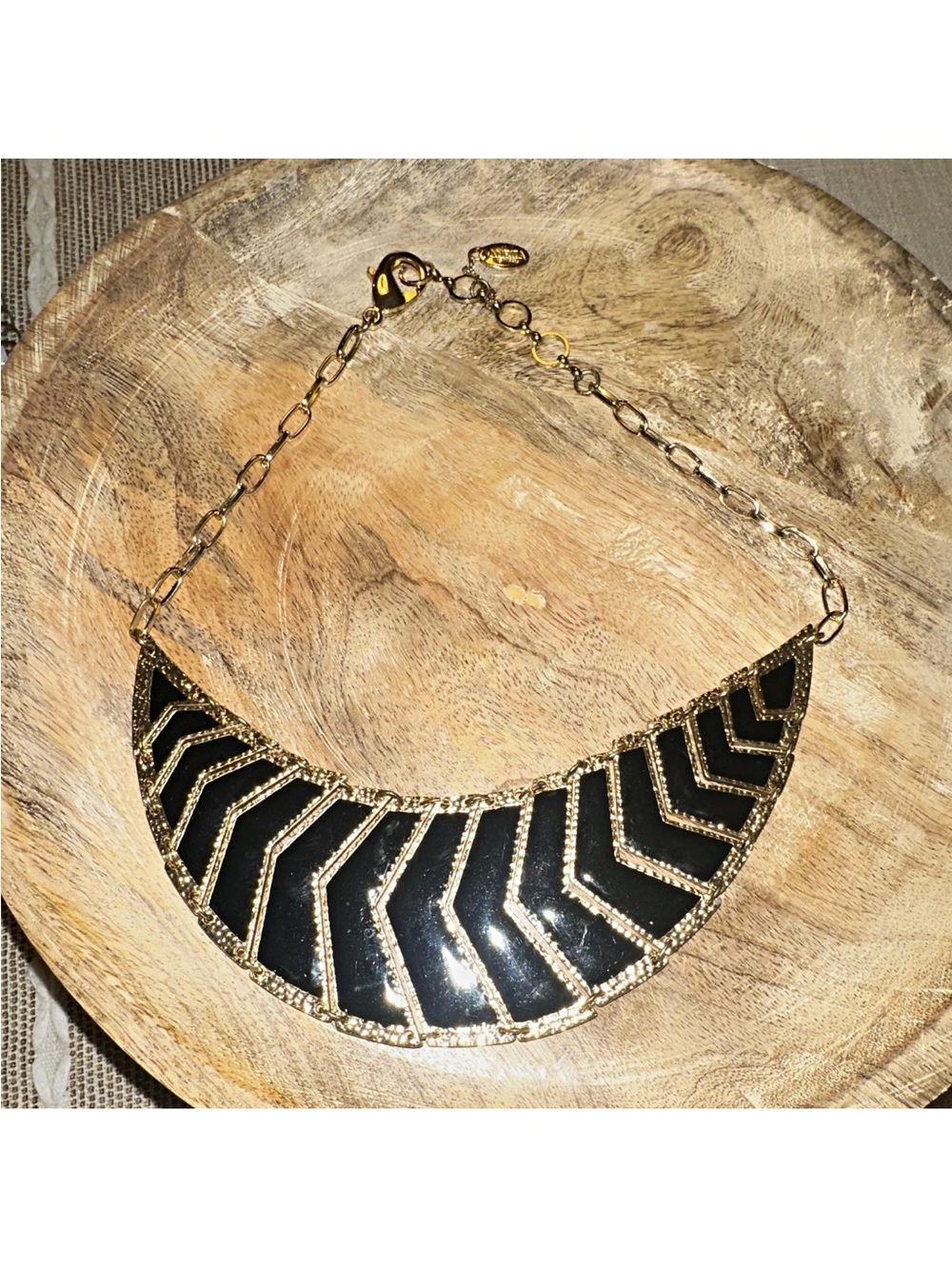 Amrita Singh Black Gold Tone Enamel Bib Statement Necklace Lobster Clasp Signed